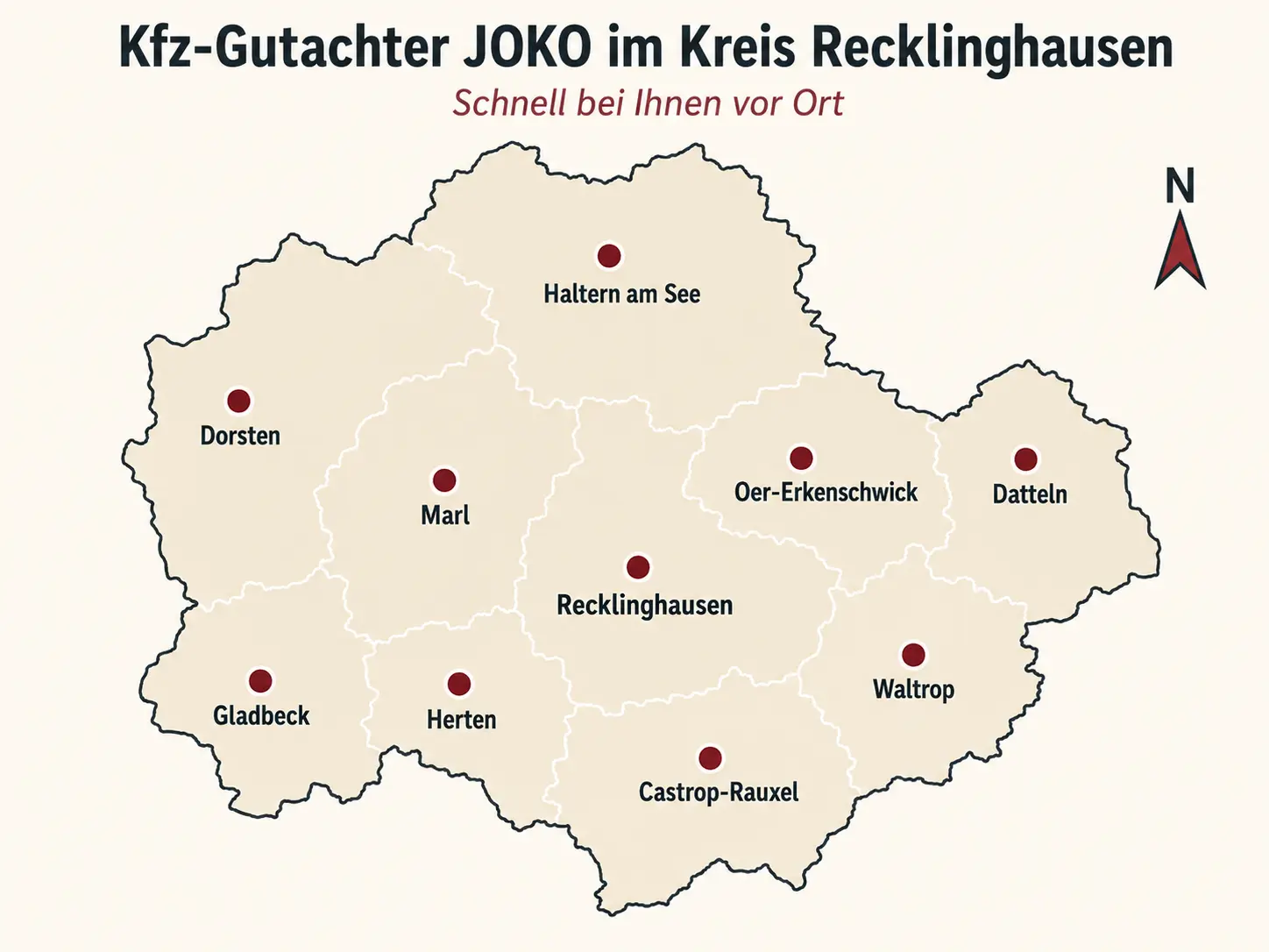 Einsatzgebiet von Kfz-Gutachter JOKO im Kreis Recklinghausen mit den Städten Marl, Recklinghausen, Datteln, Dorsten, Herten, Gladbeck, Haltern am See, Waltrop, Oer-Erkenschwick und Castrop-Rauxel